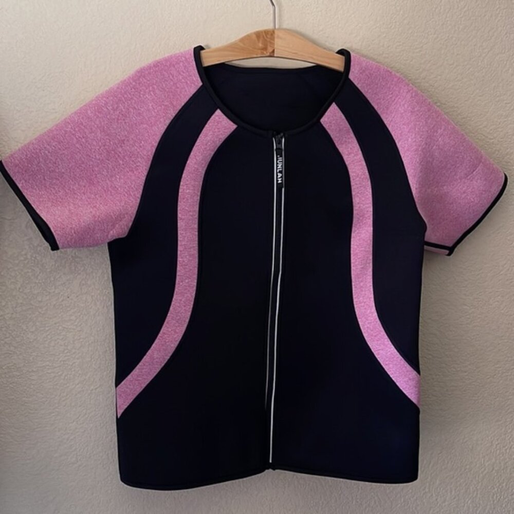 Junlan Black & Pink Zip Up Neoprene Workout Sauna Sweat Top 2X